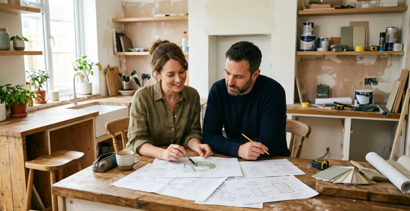 Un couple parcourt des documents de projet assis dans une cuisine lumineuse en rénovation