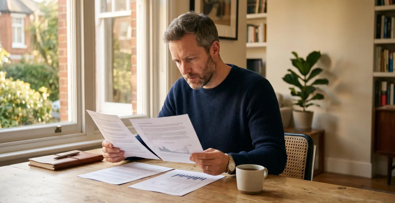 Un homme attentif consulte plusieurs documents de devis posés sur une table en bois clair, dans un intérieur lumineux