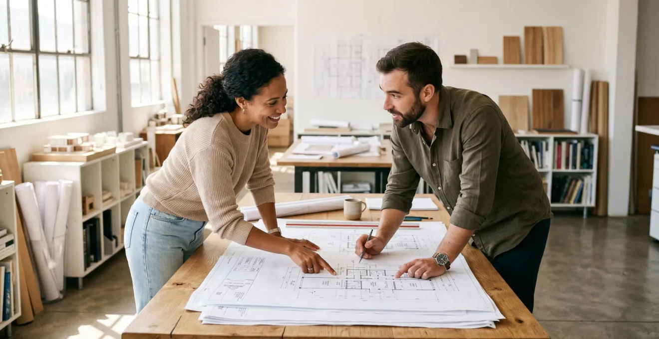 Un propriétaire et un architecte examinent ensemble des plans de rénovation étalés sur une table lumineuse