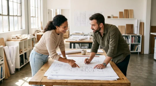 Un propriétaire et un architecte examinent ensemble des plans de rénovation étalés sur une table lumineuse