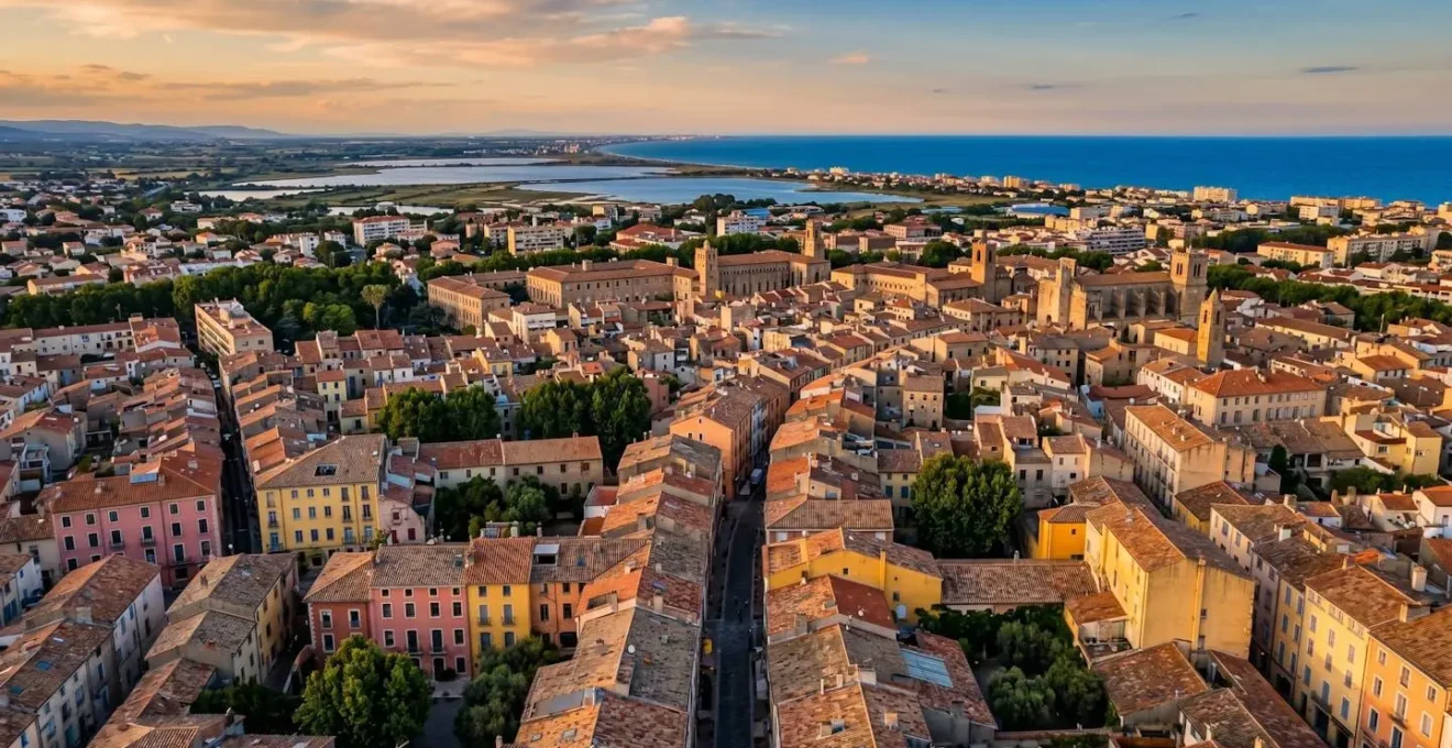 Vue aerienne de Perpignan et son littoral, symbolisant l'attractivité du marché locatif dans les Pyrénées-Orientales.