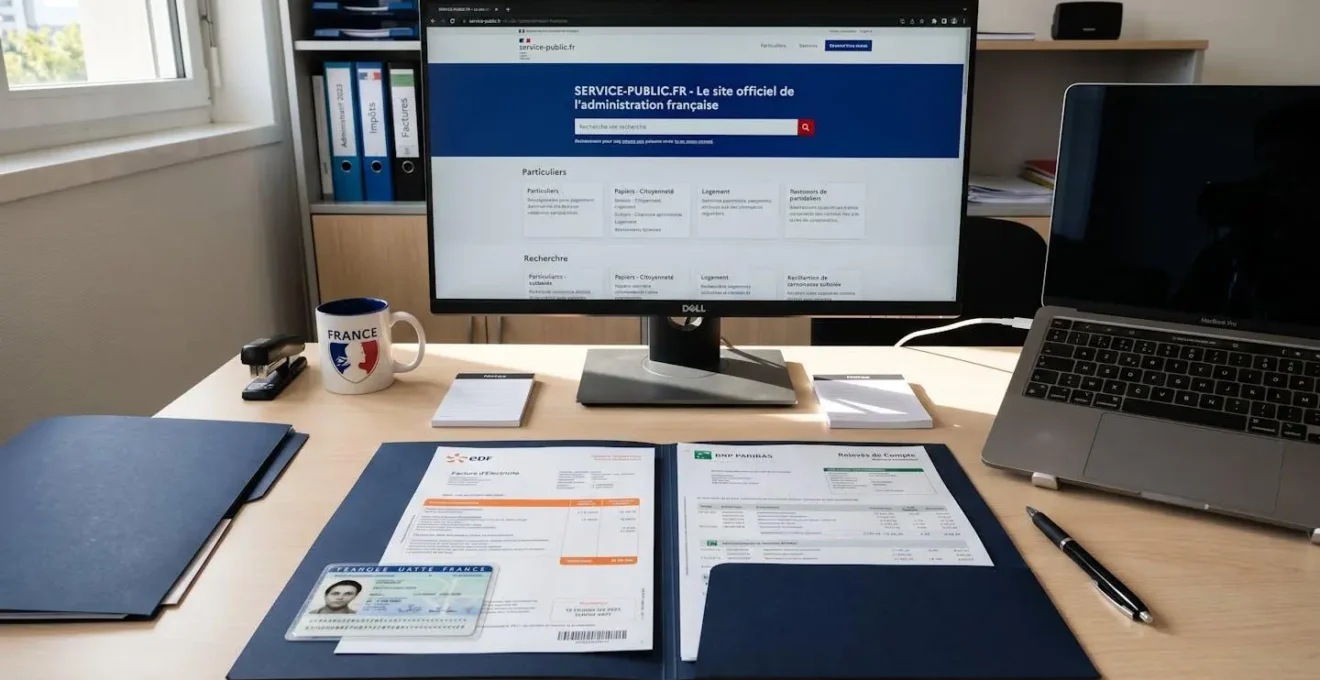 Bureau administratif avec documents officiels français (carte d'identité, justificatif de domicile) et interface service-public.fr sur écran d'ordinateur